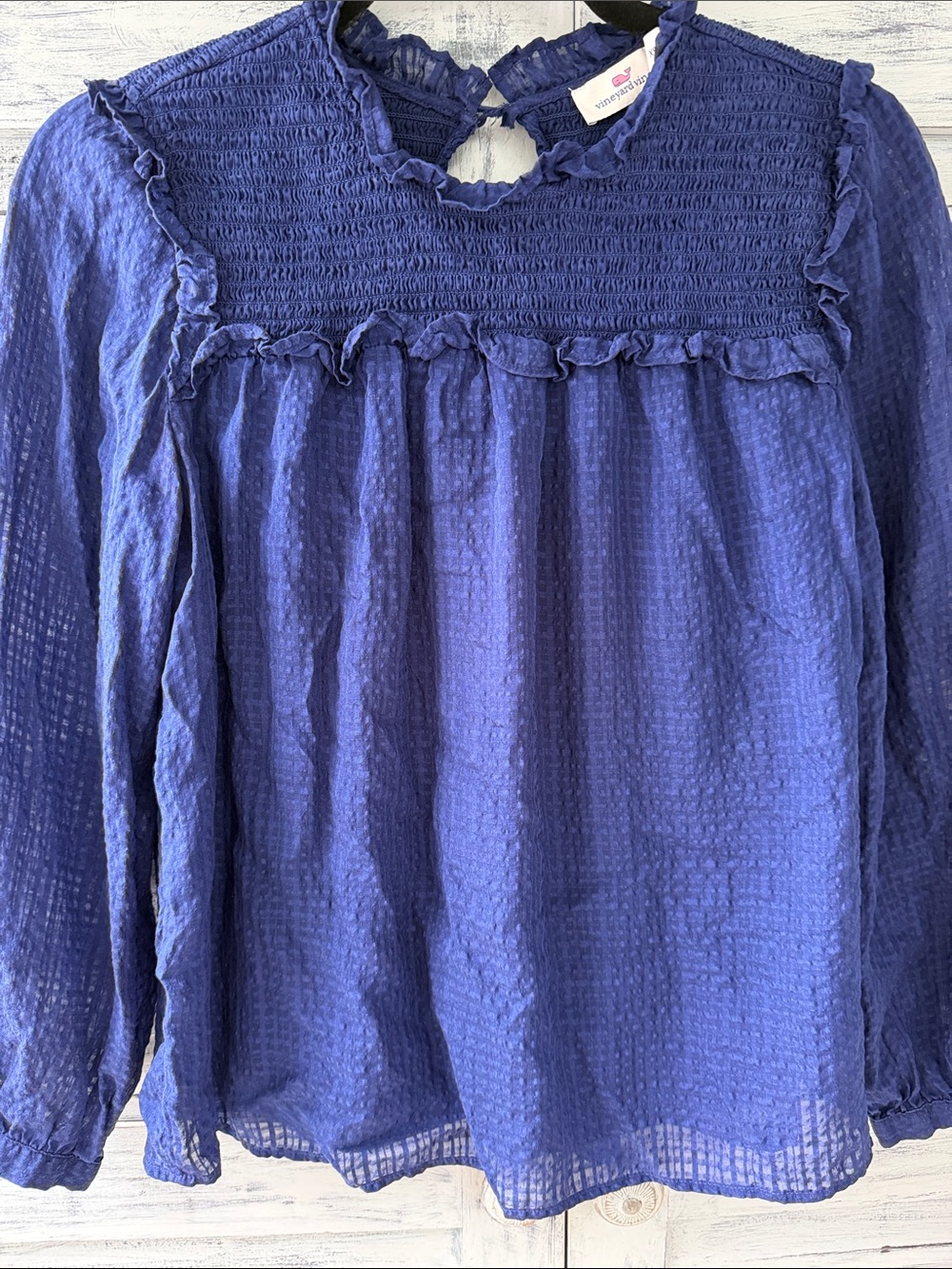 Vineyard Vines Indigo Smocked Yoke Long Sleeve Blouse Size XS